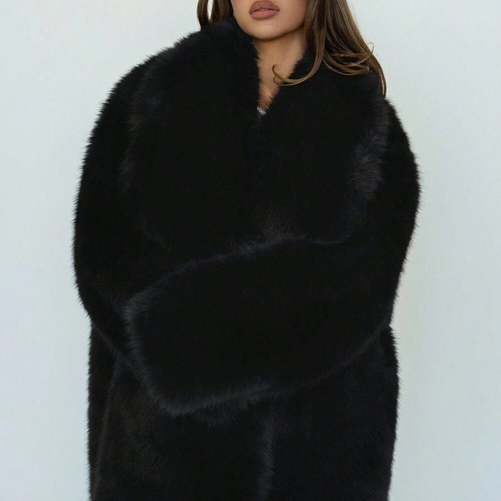 Black Casual Women's Faux Fur Collar Long Sleeve Loose Long Coat - Picture 4 of 6